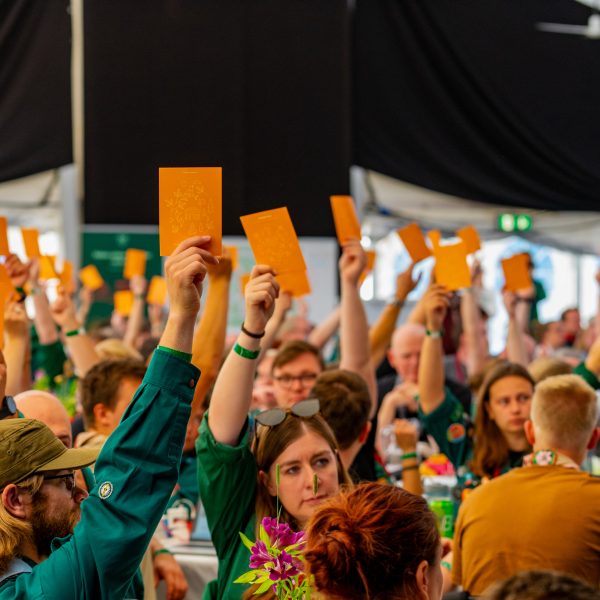 To spejderledere viser en færdselstavle for en gruppe børn